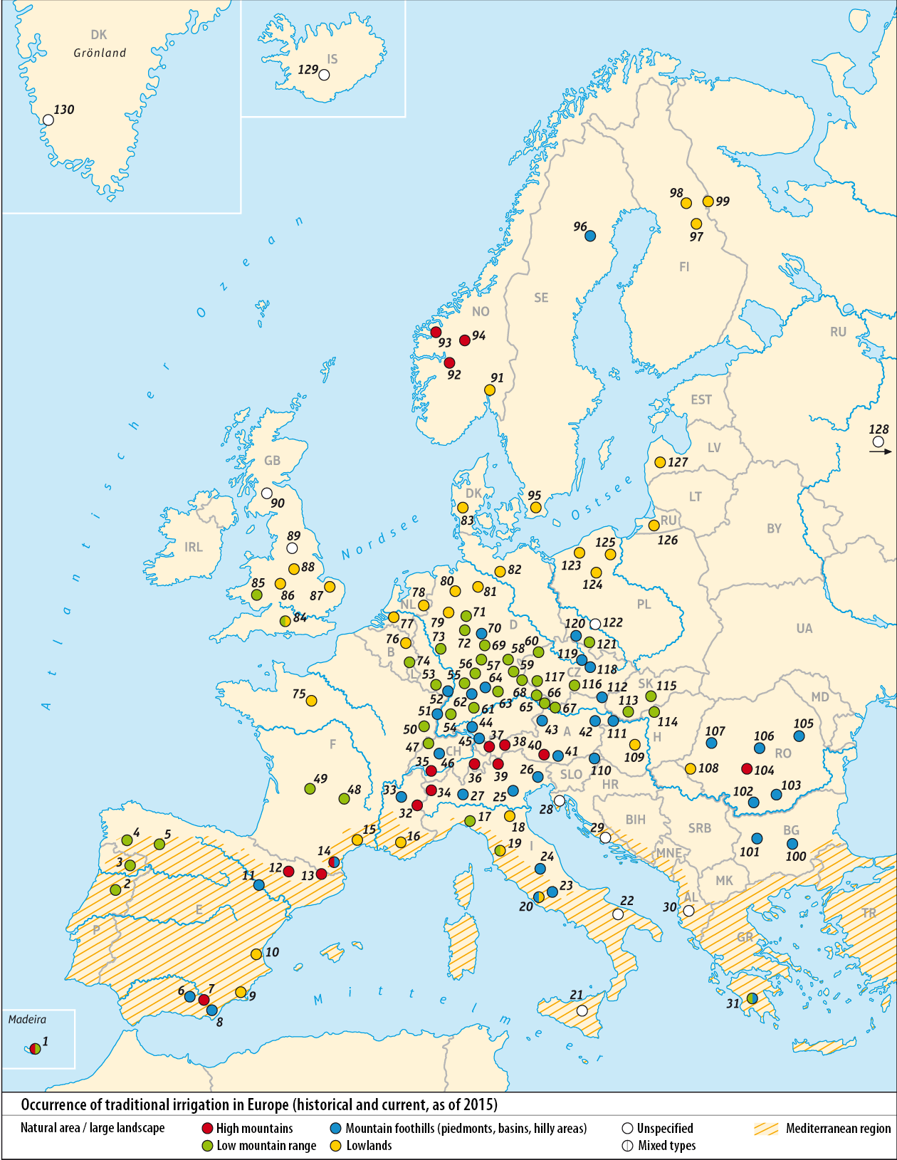 map of traditional irrigation in Europe according to Leibundgut and Vonderstrass 2016